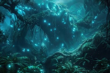mysterious rainforest with giant bioluminescent plants and surreal otherworldly vegetation mist swirls around twisted tree trunks while exotic creatures peek from the shadows