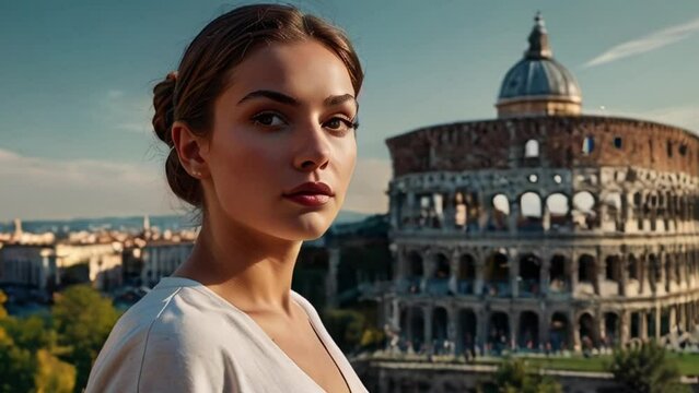 Woman with Brown Hair and White Shirt Standing in Front of the Colosseum in Rome