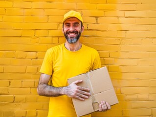 A smiling delivery man in a yellow uniform holds a package against a yellow background, ready for delivery. With copy space for text.