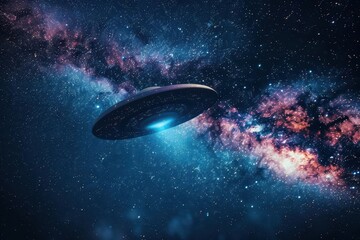 mysterious ufo flying saucer hovering in dark starry sky alien spaceship from another galaxy science fiction concept