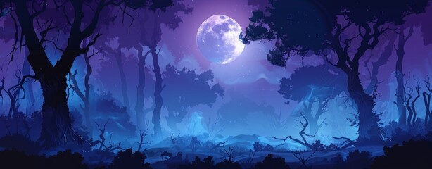 Obraz premium Gloomy dark scene with trees and big moon in night forest