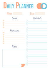 Daily Planner. Vertical A4 format daily personal plan template with space for schedule, goals, priorities, notes.