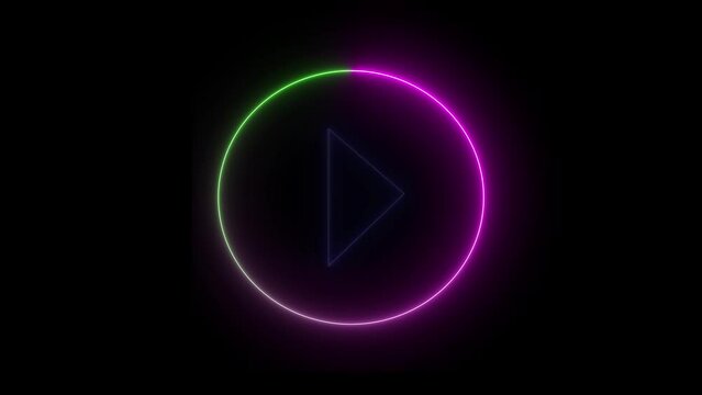 Play button icon. Neon shiny play button with neon circle. Neon glowing play button.