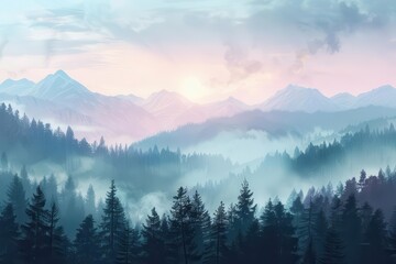 Obraz premium mystical morning fog over forest mountains photorealistic landscape illustration ai generated