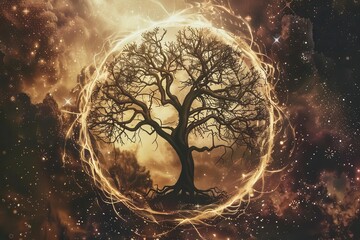 mystical tree of life illustration with intricate branches forming a perfect circle symbolizing interconnectedness and growth