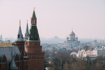Fototapeta premium Top view of Moscow, the roofs of the Kremlin and the Historical Museum, the Red Square
