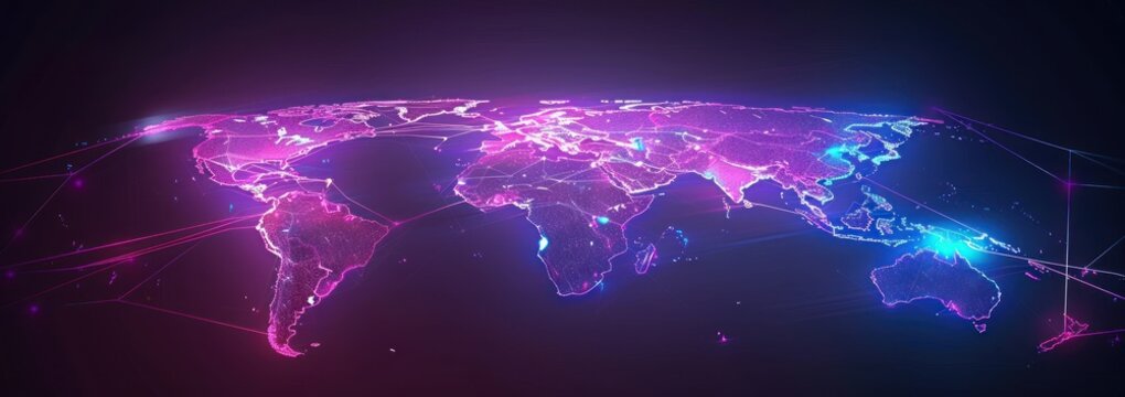Fototapeta Glowing world map with network connections. Concept of global communication, technology, data transfer, and international business.