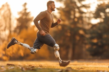 A double amputee running with prosthetic legs in a park during autumn, reflecting determination, technological advancements in prosthetics, and the vibrant fall scenery.