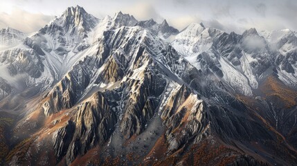 A dramatic mountain range with rugged peaks and deep ravines, covered in a layer of snow.
