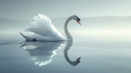 Gentle illustration of a graceful swan gliding on a tranquil lake, suitable for relaxation-themed content. , Minimalism,