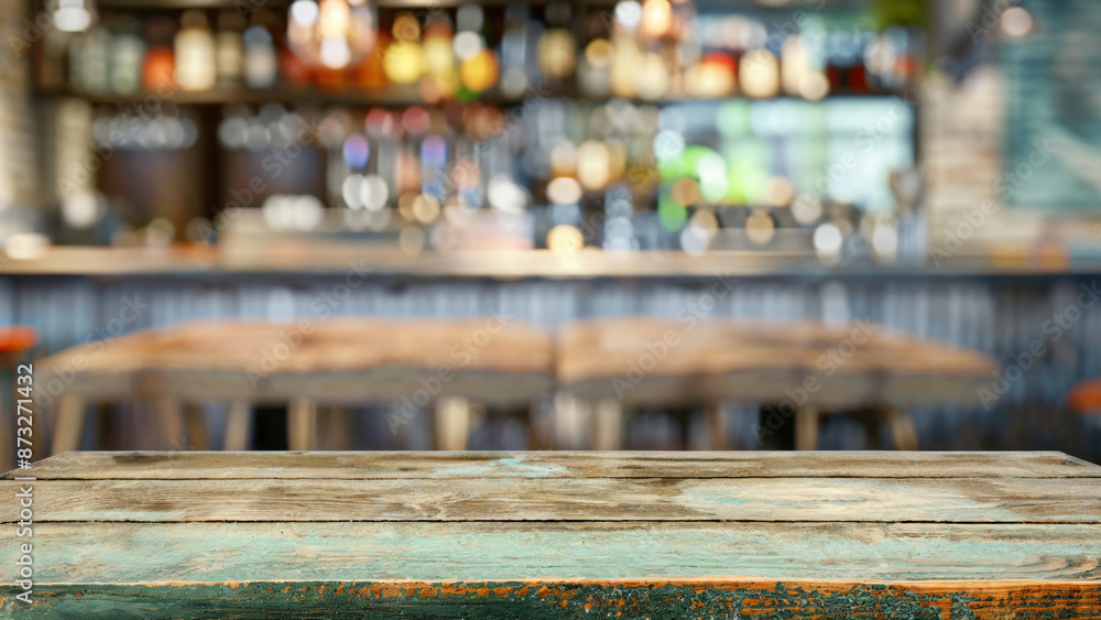 Poster Empty wooden table with space for product placement against a blurred bar background