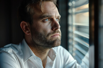 Obraz premium Pensive Man Staring Out Window in Natural Light, Contemplating Life