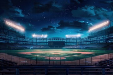 nighttime view of illuminated baseball stadium from bleachers excitement and anticipation of game under bright lights sports and entertainment concept digital painting