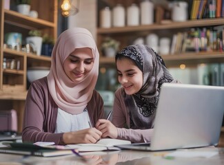 mother and daughter study using laptop together