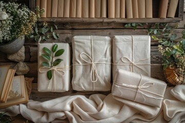 Rustic gift wrapping with natural elements and fabric