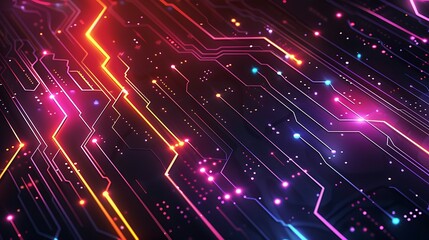 Minimal tech circuit with white lines and colorful points on a dark background, sleek and dynamic