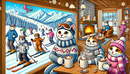 Cats are enjoying a winter vacation at a ski resort. Some are skiing down the slopes, dressed in colorful winter gear, while others sip hot cocoa inside a cozy mountain lodge
