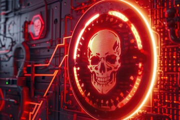 ominous biohazard warning sign with glowing neon skull pulsating red background holographic hazard symbols futuristic dystopian atmosphere