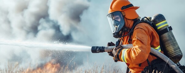 A determined firefighter in bright orange gear is captured spraying high-pressure water from a hose toward a fire outdoors, symbolizing courage and dedication in action.