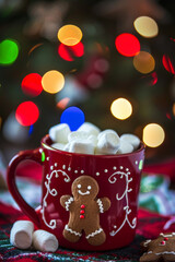 Festive Gingerbread Cookie in Holiday Mug with Warm Marshmallows and Colorful Bokeh Lights
