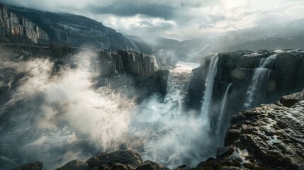 A dramatic waterfall plunging into a rocky gorge, with mist rising up and creating a mystical atmosphere.