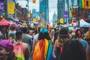 Obraz premium Colorful Urban Pride Parade Crowd with Rainbow Flags and Festive Atmosphere