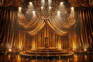 opulent awards ceremony stage with cascading golden curtains spotlights and a central podium creating an atmosphere of celebration and achievement