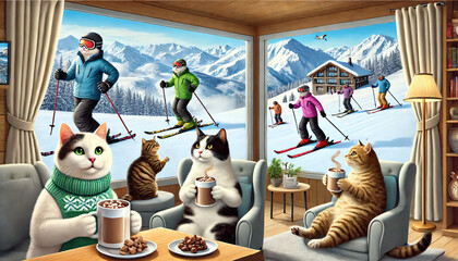 Cats are enjoying a winter vacation at a ski resort. Some gracefully ski down snowy slopes, while others sit comfortably on plush chairs by a fireplace inside a cozy lodge, holding mugs of hot cocoa