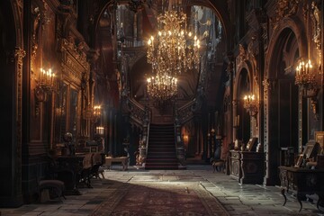 opulent gothic castle interior bathed in eerie moonlight ornate chandeliers cast shadows on velvet draperies while ancient artifacts and mystical tomes line the walls