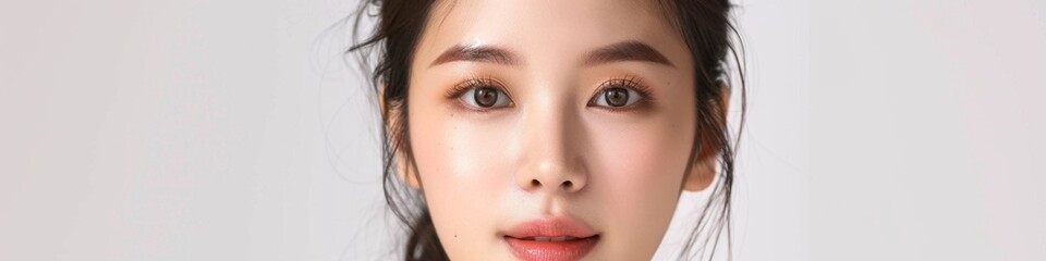 Obraz premium Beautiful young Asian girl model with Korean makeup, black background, premium, plastic surgery marketing. Micro plastic surgery creates a beautiful and charming look. Beauty industry, skin care, plas