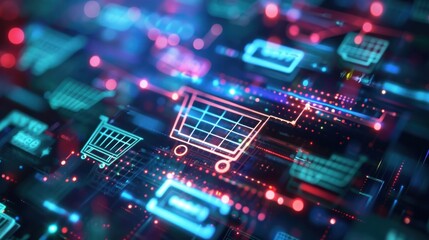 Fototapeta premium Glowing digital shopping cart icons on circuit board, representing e-commerce, online retail, and digital marketing concepts.