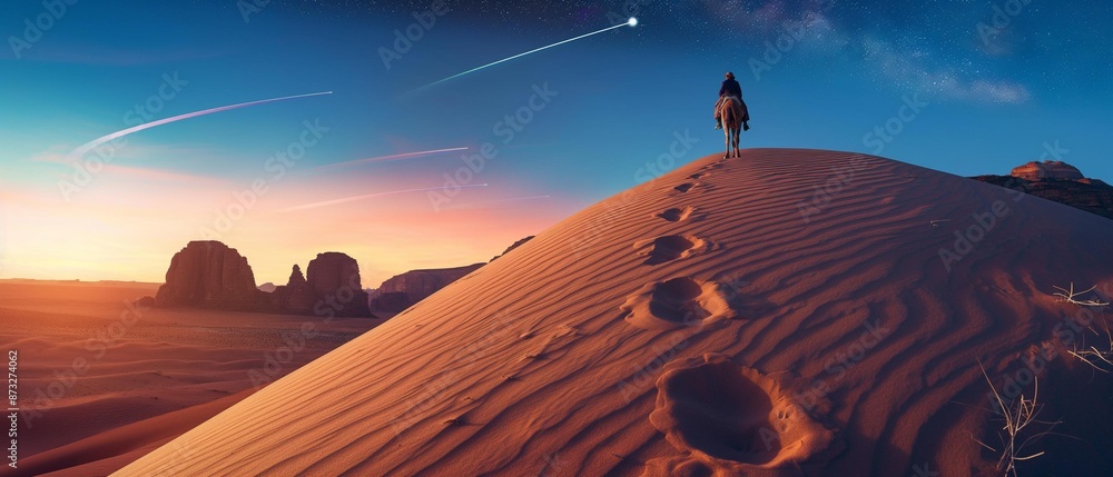 Wall mural ai generator image of man riding a camel on top of a desert mountain clear footprints and in the bac
