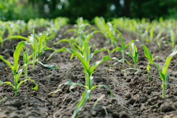 Obraz premium organic sweet corn field with young green plants in countryside sustainable farming