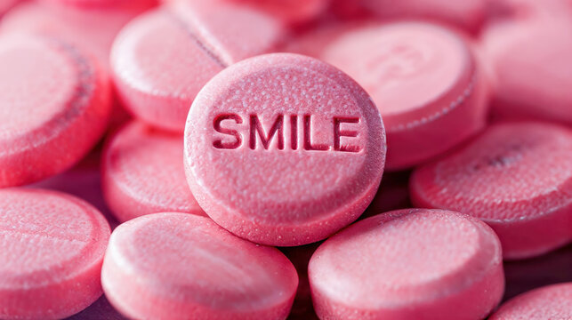pilule rose avec le texte "SMILE" en anglais - drogue ou antid&eacute;presseur