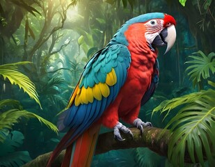 Obraz premium A Scarlet Macaw Perched on a Branch in a Lush Rainforest, parrot