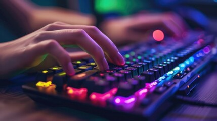 Close-up of hands typing on a colorful, backlit gaming keyboard. Concept of gaming, esports, technology, and entertainment.