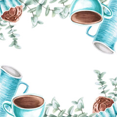 Ceramic dishes and baked goods in a square frame in a watercolor illustration on a white background. Hand-drawn illustration for kitchenware stores, recipes, invitations, master class announcements.