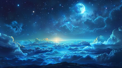 Fototapeta premium Dreamy night sky with twinkling stars, moons, and fluffy clouds. , Minimalism,
