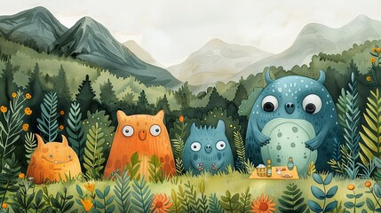 Friendly monsters having a picnic in a whimsical meadow. , Minimalism,