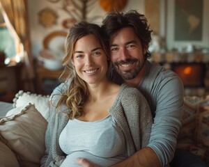 Fototapeta premium Comforting Pregnancy Support: Expectant Mother Relaxing on Couch, Partner Massaging Shoulders in Natural Light Studio Setting