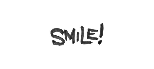 black marker text label “smile!” on white background