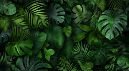 Fototapeta premium A lush green background of various tropical leaves.