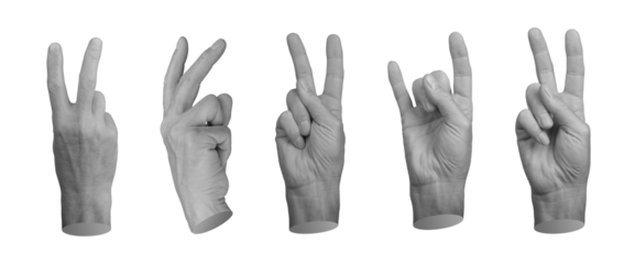Two fingers gestures for V symbol, victory, rock horns, hand sign isolated on white background, set., transparent PNG cutout