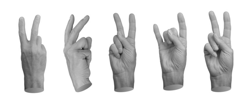 Two fingers gestures for V symbol, victory, rock horns, hand sign isolated on white background, set., transparent PNG cutout