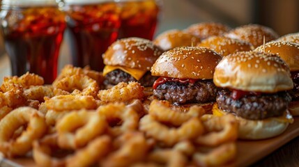 A platter of mini sliders with various toppings, served with a side of curly fries and a cold soda