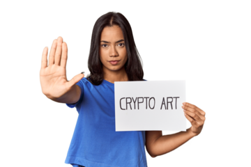Woman with "crypto art" sign in studio standing with outstretched hand showing stop sign, preventing you.
