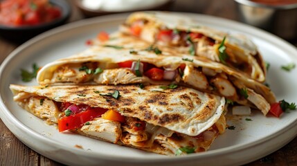 A delicious chicken quesadilla with melted cheese, peppers, and onions, served with a side of salsa and sour cream