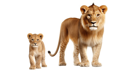 Obraz premium Big lion and little cute lion cub, isolated on transparent background.