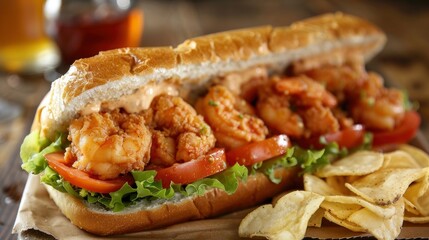Close-up of a spicy shrimp po' boy sandwich with lettuce, tomato, and remoulade sauce, served with a side of chips