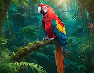 A Scarlet Macaw Perched on a Branch in a Lush Rainforest, parrot